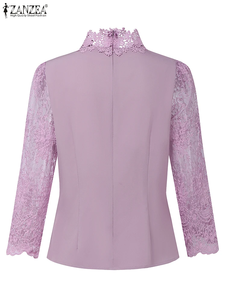 ZANZEA المرأة الخريف تفريغ الدانتيل بلوزة بلايز خمر الأزهار Blusas 3/4 كم س الرقبة الستر 2025 بلوزة شفافة غير رسمية #5