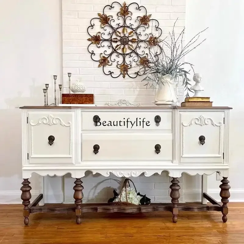 

2 yj15 French Retro White Entryway Cabinet Villa Decoration American Style Solid Wood Carved Color Block Sideboard Storage Cabin
