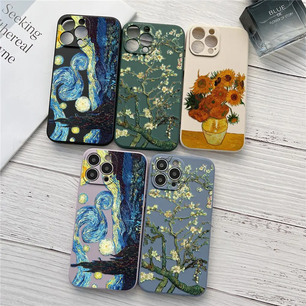 Van Gogh Starry Sky Painting Case For iPhone 15 14 13 12 11 Pro Max Mini 7 8 15 Plus Case Liquid Cover Sunflower Almond Blossoms