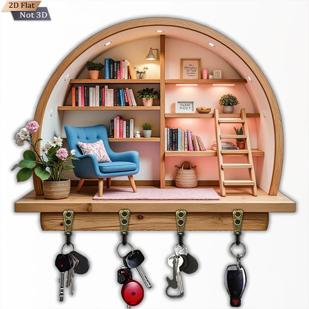 2D Flat, 1pc, Arc-shaped Wooden Mini Key Hook, Wooden Multi-functional Home Key Hook, with Four Metal Hooks, Wall Decoration,