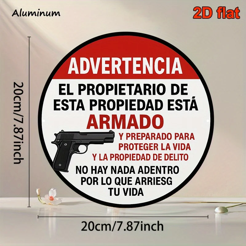 2D Flat, 1pc 8x8 Inch Round Aluminum Sign - Armed Homeowner Warning Sign with Bilingual English/Spanish Text, Vintage Security P