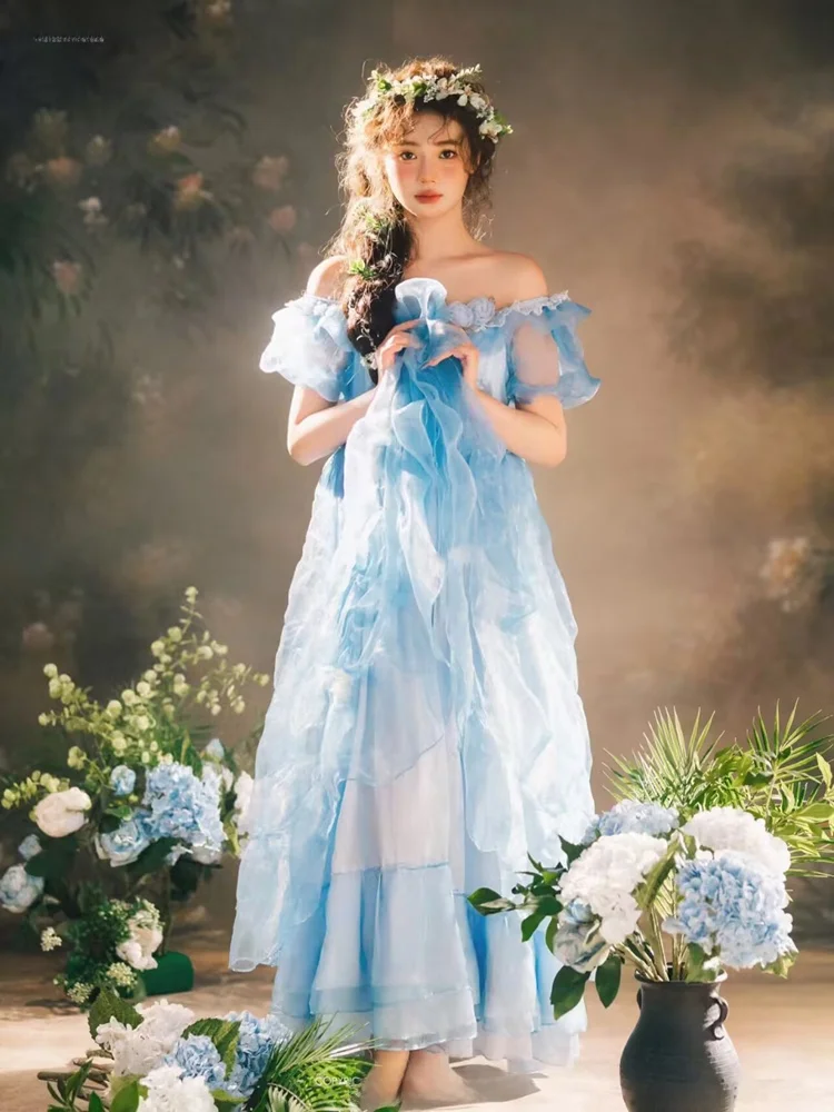 

Retro Wedding Dress Photography Costume Blue Princess Outfit New Arrival Photo Studio Shoots Traditional Chinese Ethnic Wear
