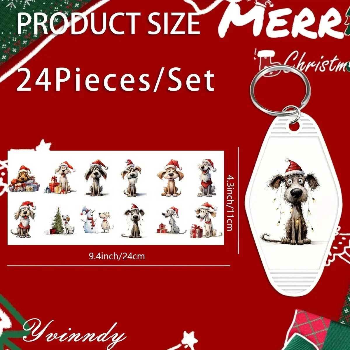 24Pcs/Set UV DTF Christmas Dog UV DTF Packaging Transfer Paper Waterproof Keychain Sticker for Hotel Keychains