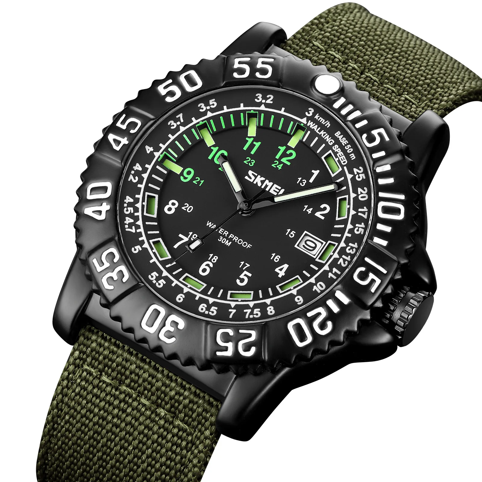 

SKMEI Nylon Canvas Strap Army Green Quartz Watch Strong Luminous Date Night Vision Calendar Steel Men Casual Relogios 9281