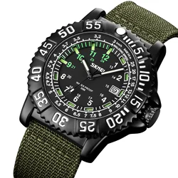 SKMEI-Men's Nylon Canvas Strap Quartz Watch, Relógio Exército Verde, Forte Luminoso, Data, Visão Noturna, Calendário, Aço, Casual, 9281