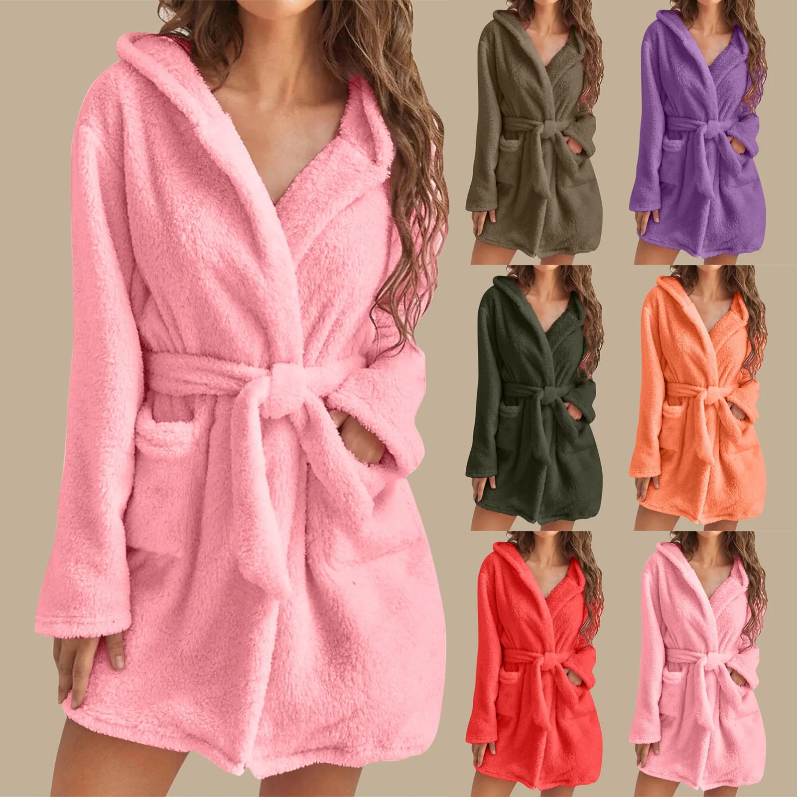 Women s Autumn Winter Plush Nightgown Solid Color Long Sleeve Hooded Sleepwear with Belt Bathrobe Female Home Clothing 2024