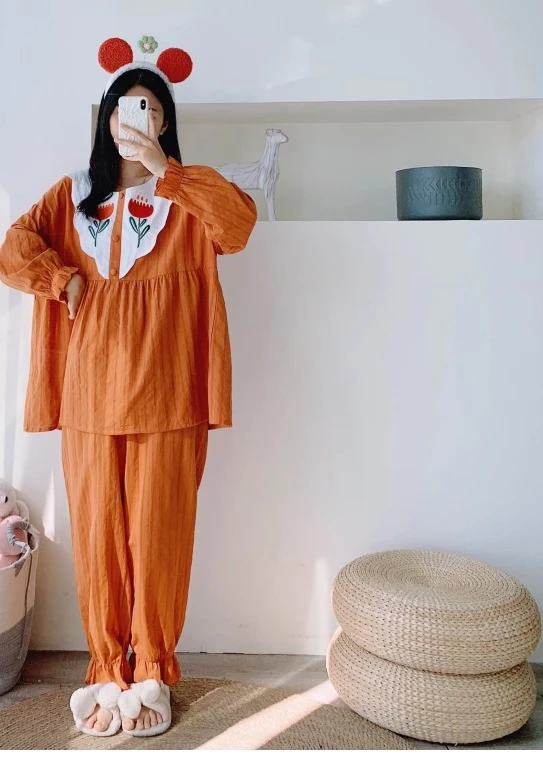 Washed Woven Cotton XL-4XL Long Sleeve Pants Two-piece Pajamas Girl Spring Autumn Loose Peter Pan Collar Flower Sweet Loungewear