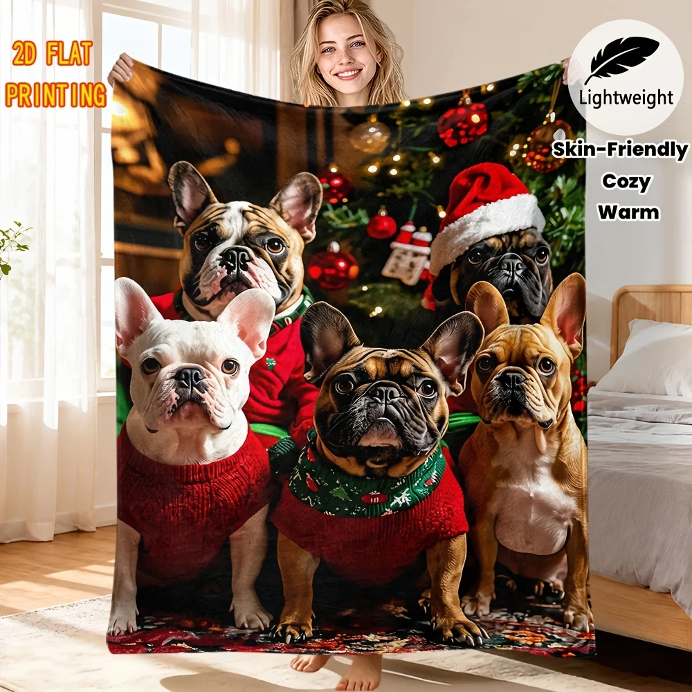 Xmas Pet Throw Blanket Cute French Bulldog Santa Hat Holiday Print Soft Flannel for Living Room Couch Christmas Theme Decor Gift