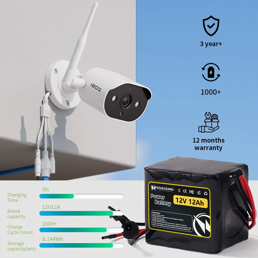 

12V DC 12Ah Rechargeable Li-ion Battery with BMS for CCTV Camera LED Light Router Solar Panel Bluetooth Speaker