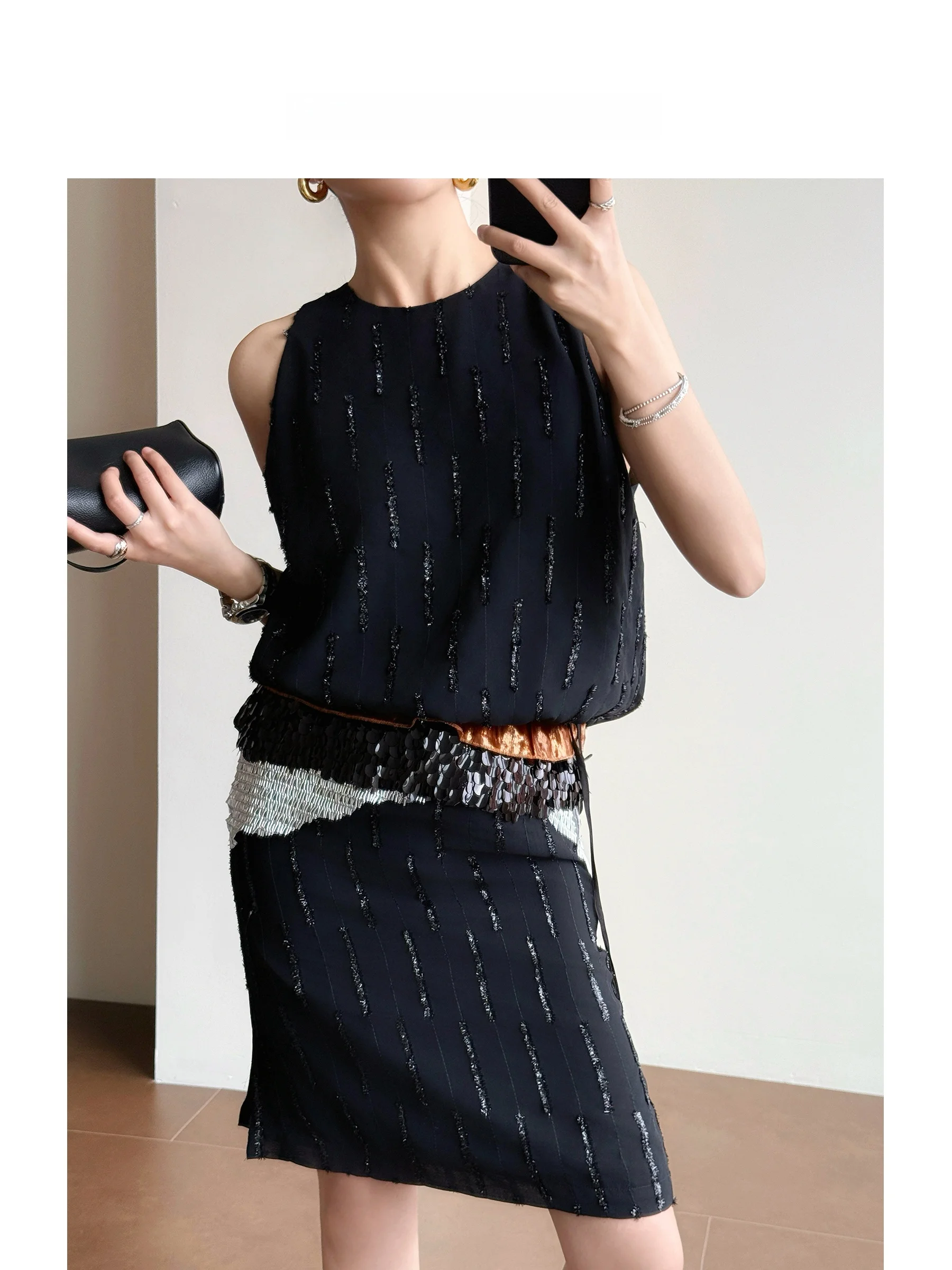

Tasyava Heavy Embroidery Sequin Lace Patchwork Vest Top Half Skirt Two Piece Set Women's Fashion Summer Spring Collection