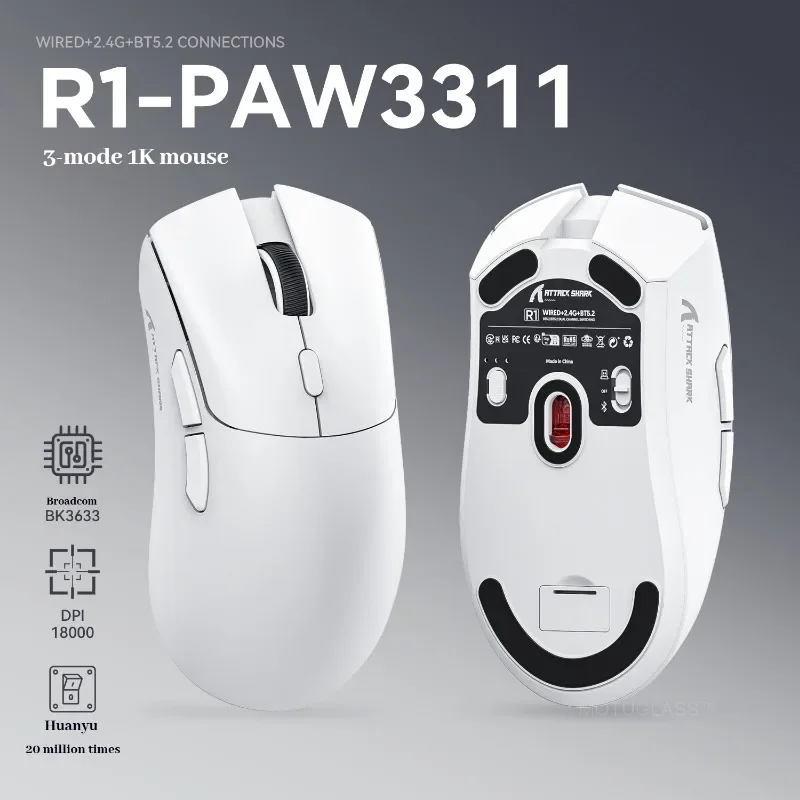 Attack Shark R1 Bluetooth Wireless Macro Gaming Mouse PAW3311 Sensor 1KHz Polling Rate Adjustable 18000DPI for Gamers