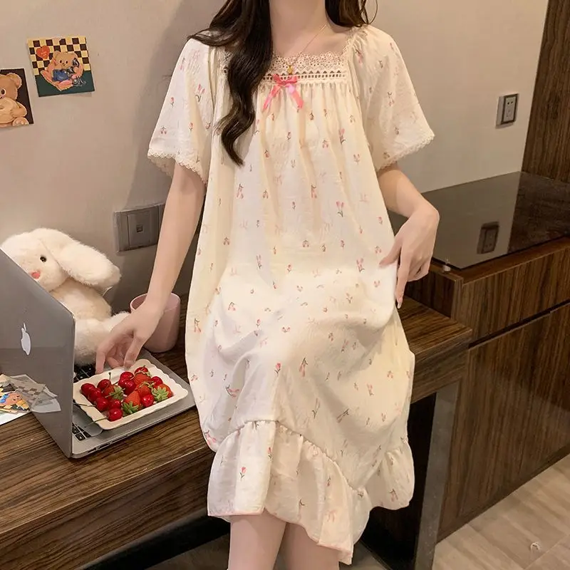 

5XL Plus Size Nightgowns Women Summer Korean Style Pajamas Lace Ruffle Knee Lenth Home Dress Chest Pad Sleepwear Can Be Outwear