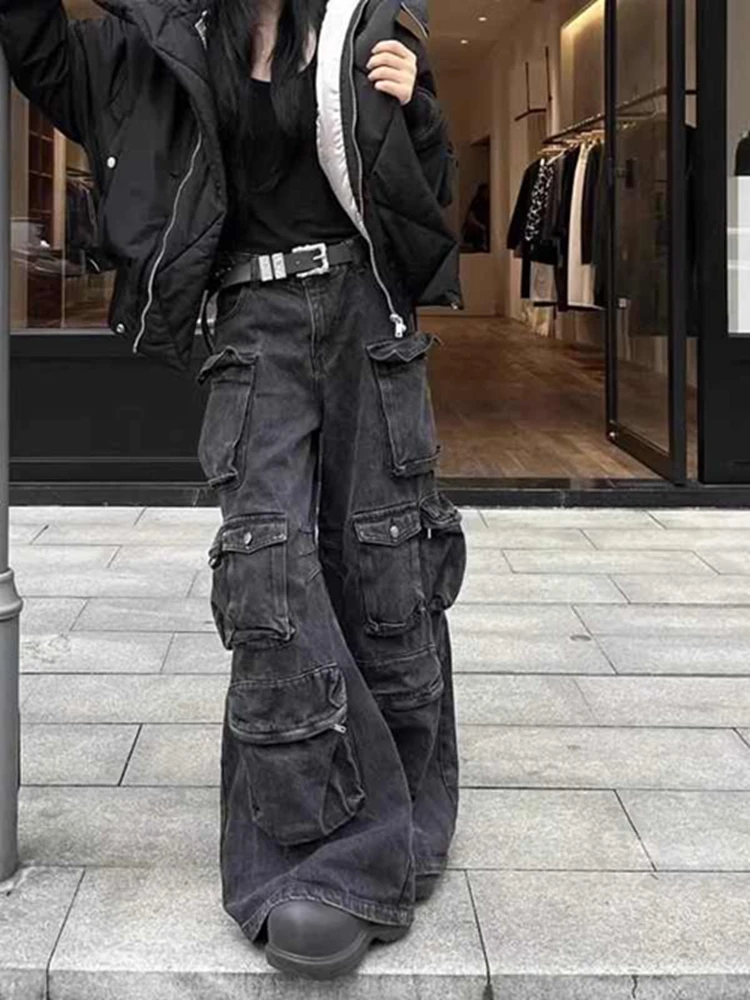 

Женские синие джинсы, брюки-карго, уличная одежда, американские широкие брюки с высокой талией, модные женские зимние прямые брюки в стиле Y2K