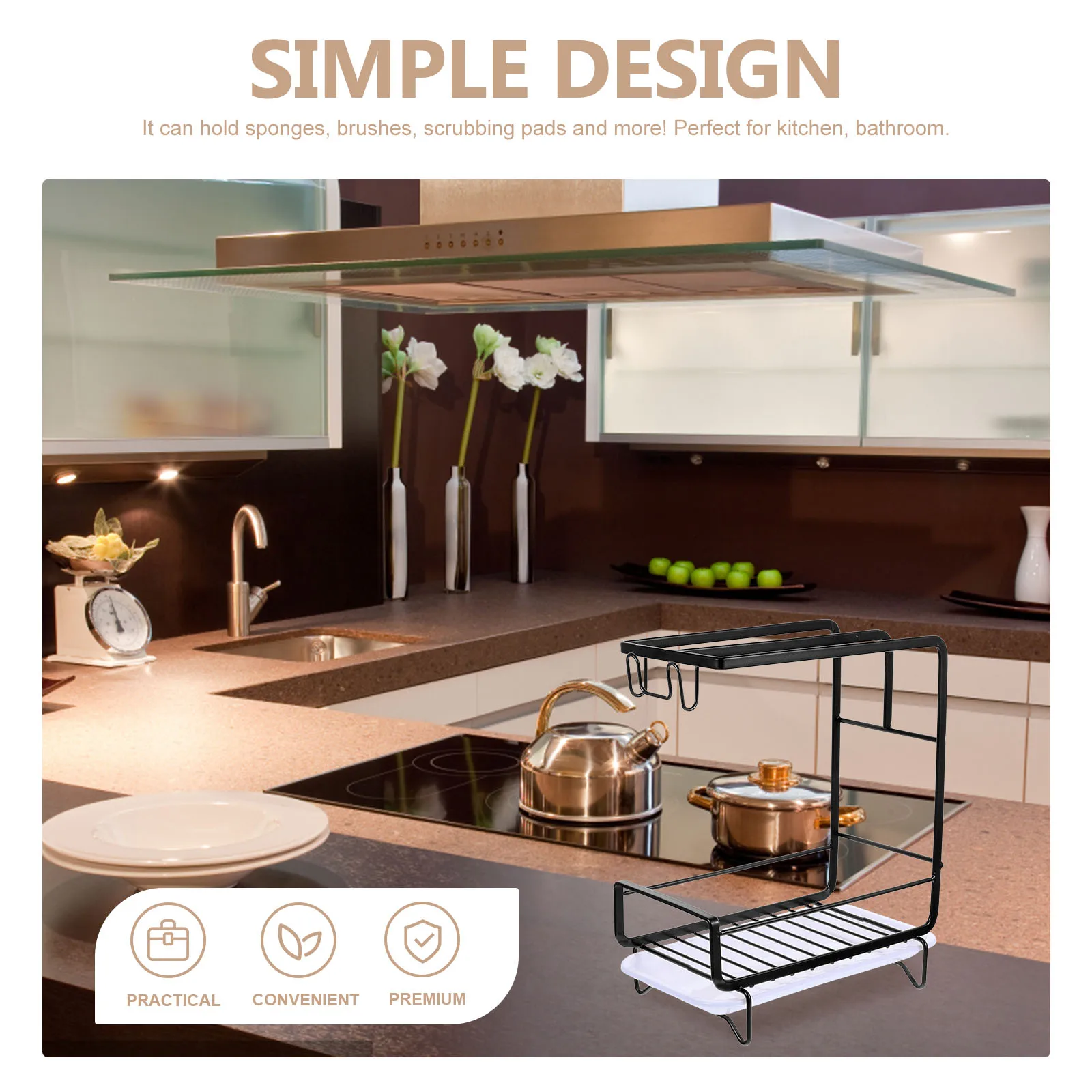

Kitchen Storage Rack Sponge Dish Holder Draining Sink Organiser Carbon Steel PP Material Lightweight Portable Bathroom