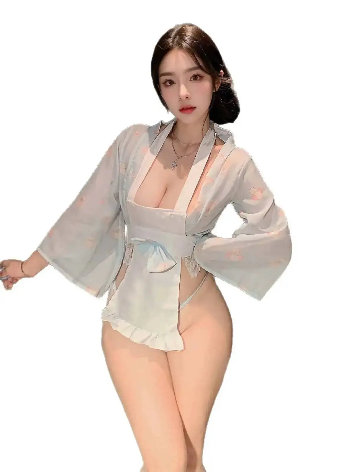 여성을위한 섹시한 달콤한 순수한 욕망 드레스 우아한 하녀 투명한 리본 매듭 긴 소매 레이스 트림 하녀 앞치마 드레스 매력적인 2FB3