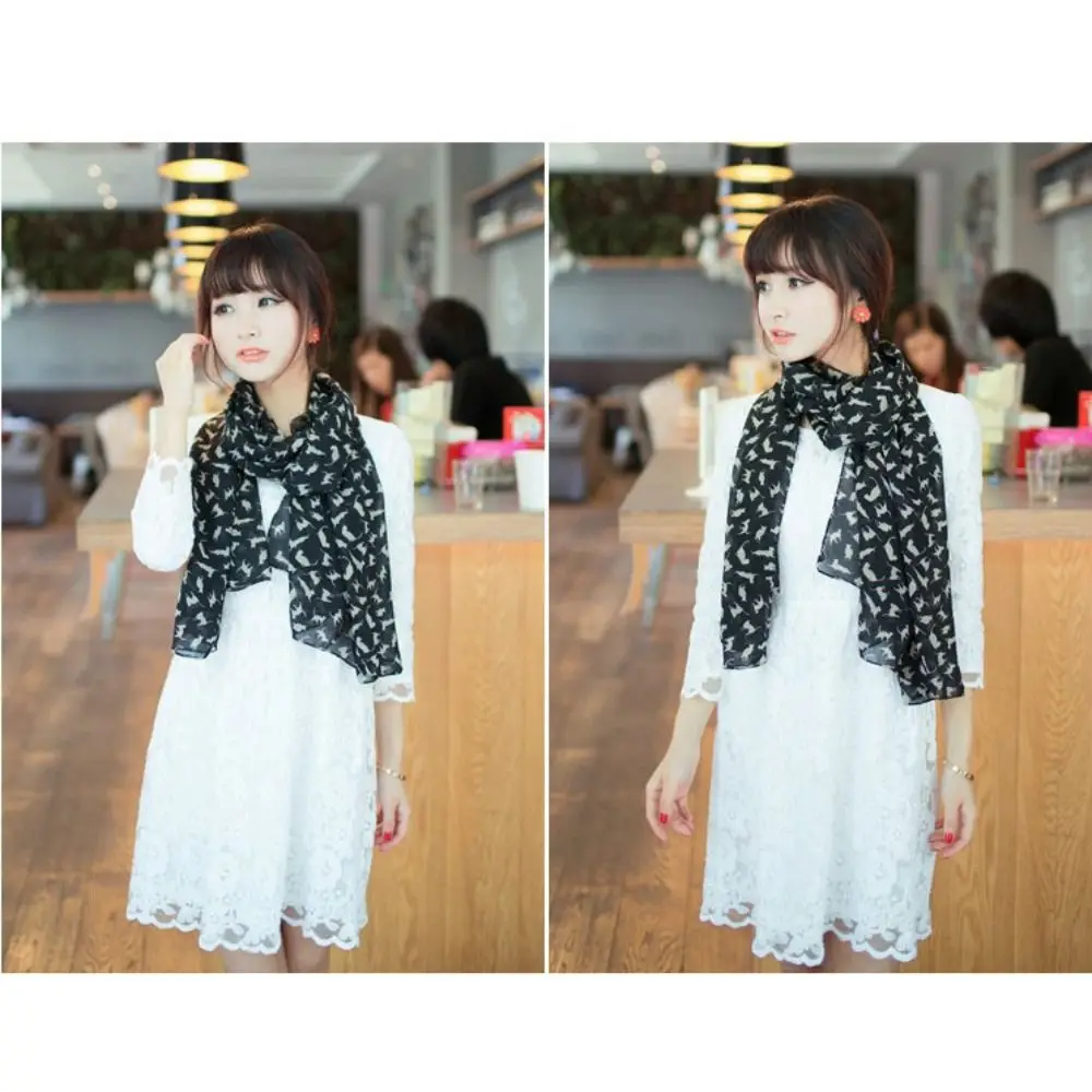 แฟชั่นผู้หญิงสาวชีฟองผ้าพันคอ Graffiti ของขวัญการ์ตูนแมวพิมพ์ผ้าพันคอแบรนด์หรูออกแบบลูกแมวผ้าคลุมไหล่ผ้าพันคอ