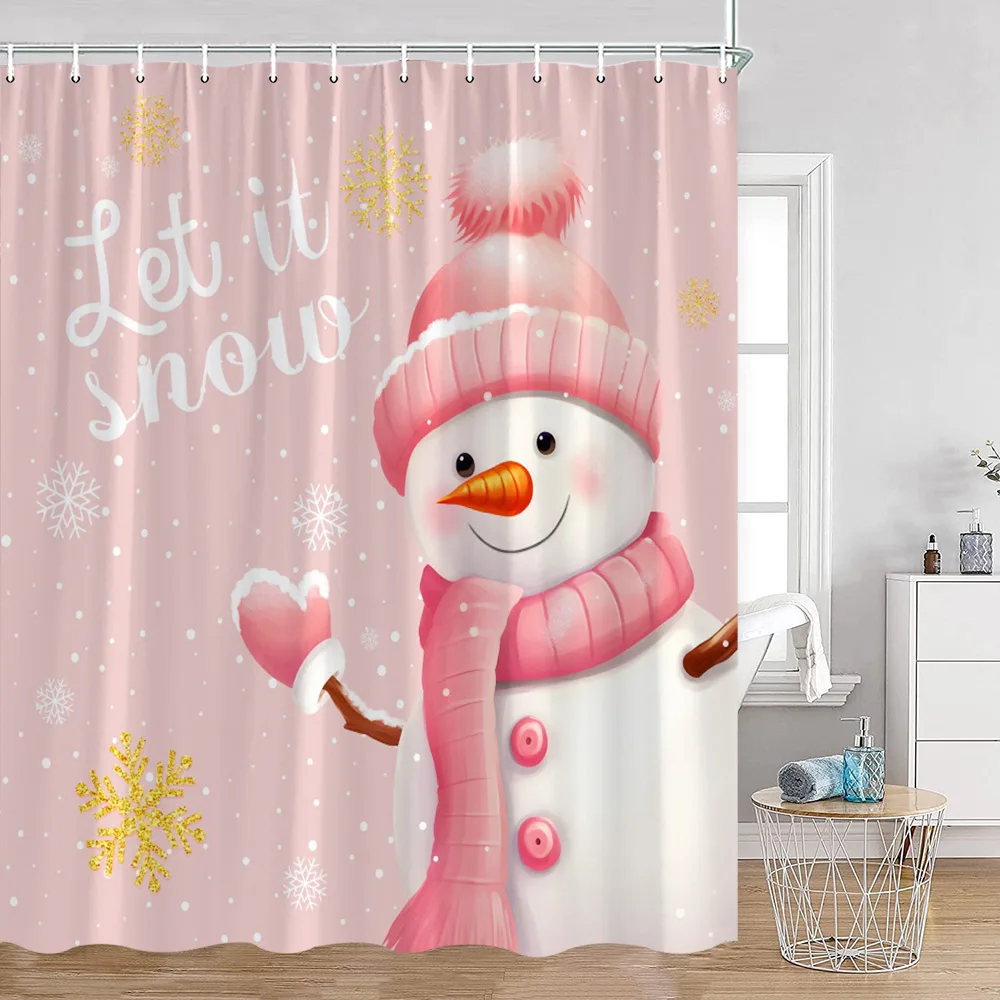 

Christmas Snowman Happy New Year Shower Curtain Merry Christmas Winter Snowy Snowflake Pine Bathtub Decor Polyester Bath Curtain