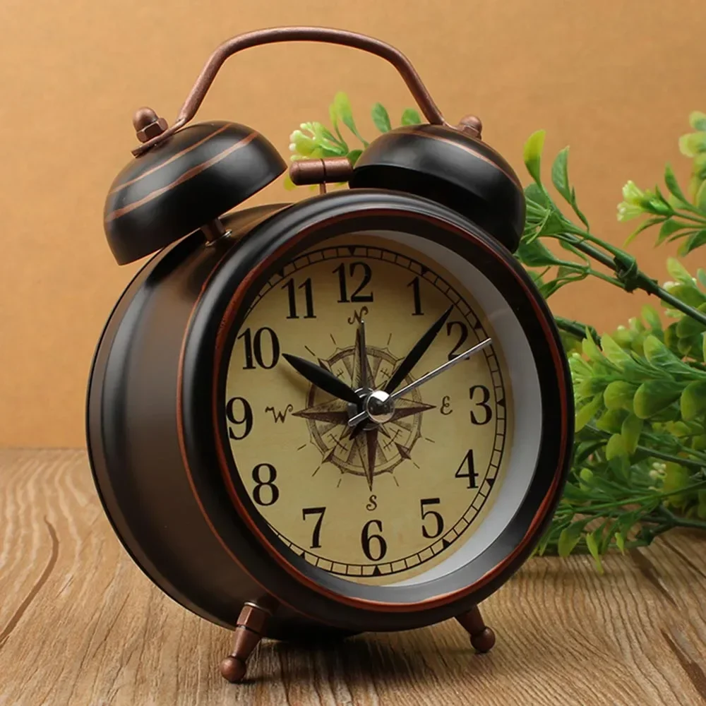 Para Réveil en métal retro europeu, veilleuse vintage, horloge de mesa de chevet, clochette muette, obtient une sonnerie de lit