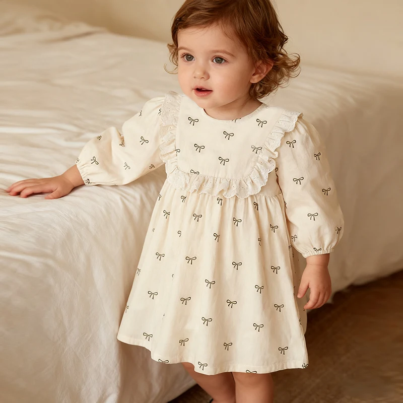 

Girls 2025 Retro Style Bow Long Sleeved Dress Dress Spring Autumn New Children Jacquard Ruffled Clothing Cotton Princess Dress