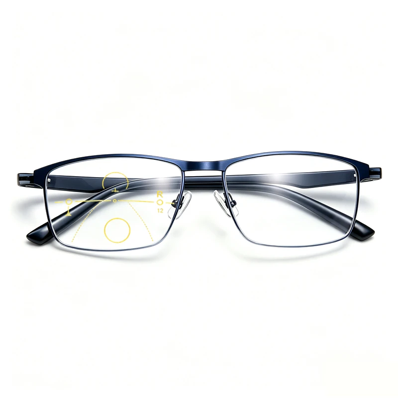 Photochromic progressive glasses with non spherical resin lenses, men's full frame glasses frame, multifunctional reading