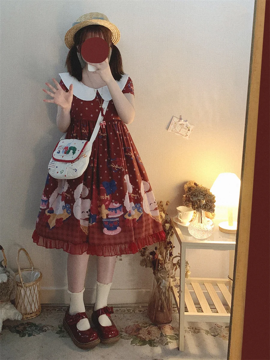 Robe Lolita Cosplay de Style japonais pour filles, jolie robe Jsk Kawaii à volants avec col de poupée imprimé gâteau chat à pois