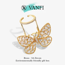 Kfvanfi High Quality Women's Butterfly Ring Copper 18K Gold Plated Adjustable Creative Movable Luxury Stress Relief Jewelry Gift
