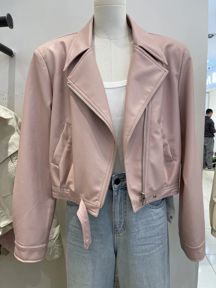 Chaqueta de moto con cuello de solapa para mujer, abrigo corto de cuero PU marrón con cremallera, estilo Retro americano, moda de otoño, 2024