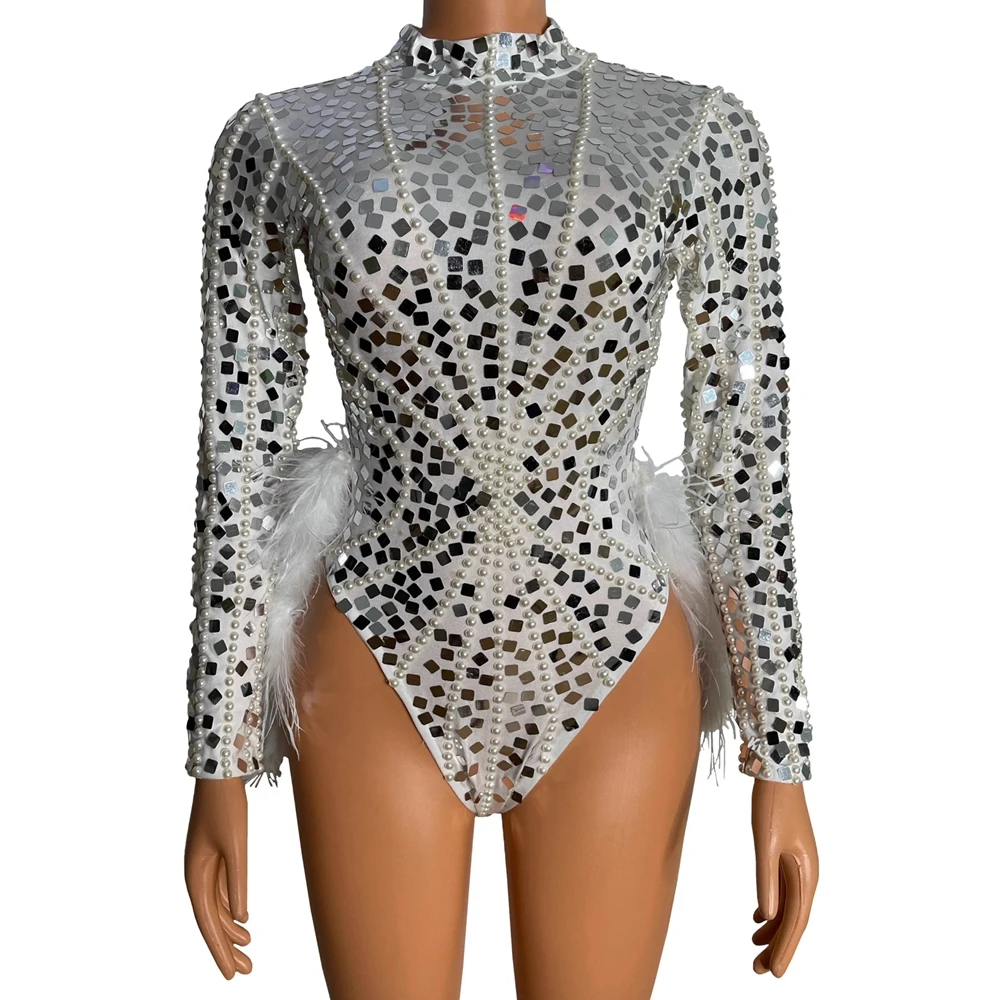 

Women Sexy Nightclub Outfit Performance Dance Costume Stage Wear Sparkly Silver Sequins Pearl White Feathers Bodysuit 2 PCS Set