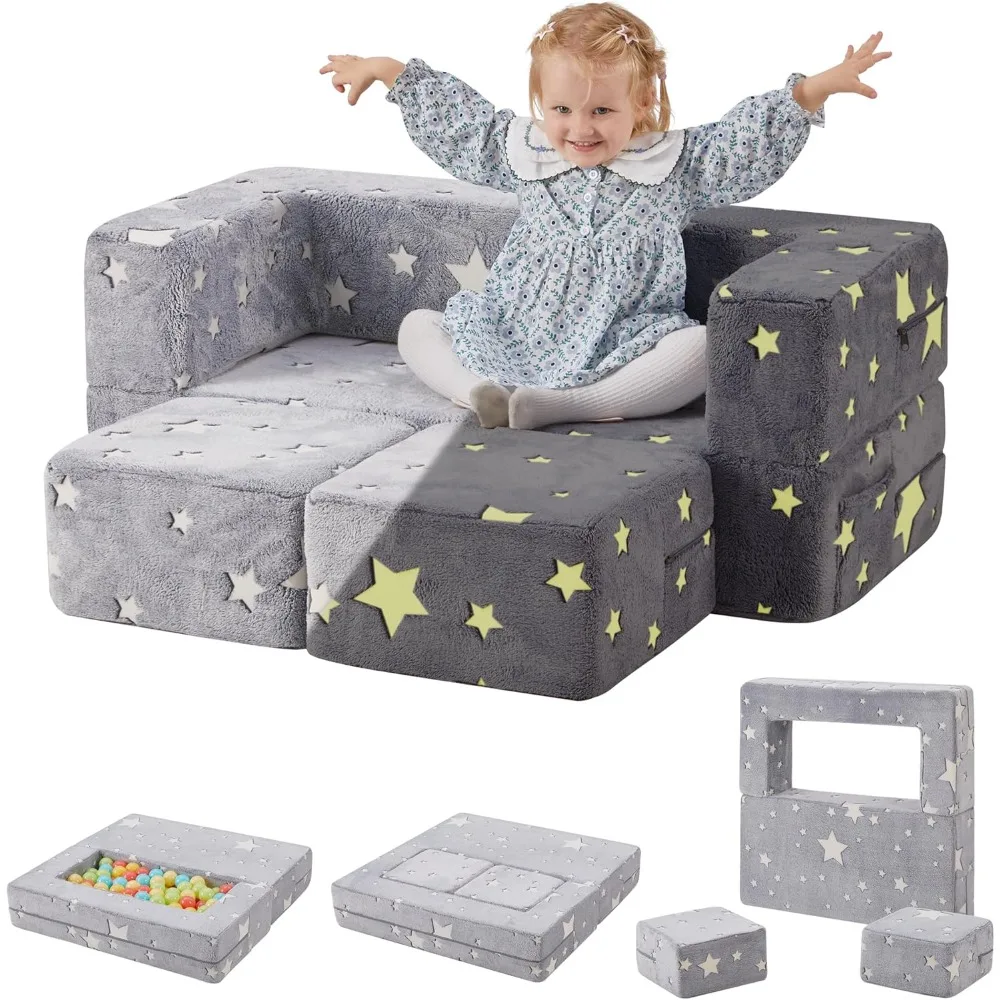 Kids Play Couch, Glow in The Dark Star Patterns Toddler Modular Sofa, Convertible Baby Fold Out Play Foam and Floor Cushion