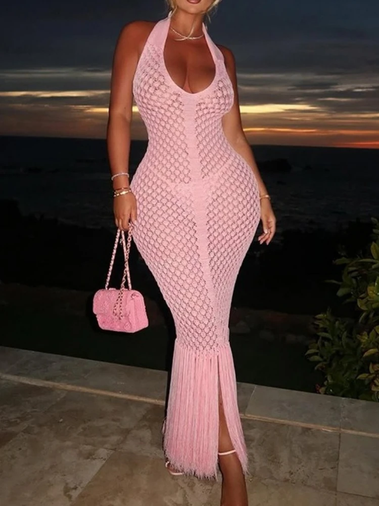 فستان Bangniweigou شفاف من خلال شرابة كروشيه للنساء، أغطية شاطئ أنيقة، رداء وردي