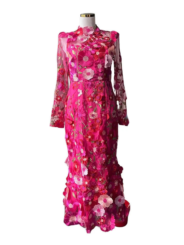 Embroidery Hit Color Dresses For Women O Neck Long Sleeve Slimming High Waist Patchwork Flower Bodycon Dress Female New