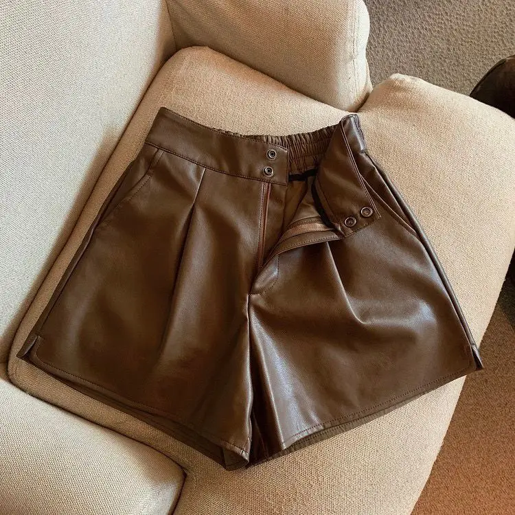 Women Chic Fashion Side Pockets Black Faux Leather Shorts Vintage High Waist Zipper Fly Female Short Pants Mujer PU Y2k Sexy