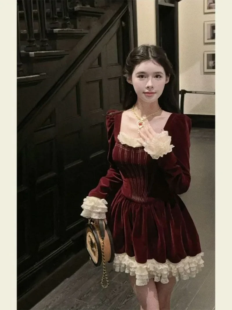 French Sweet Lace Spliced Velvet Dress Women Korean Square Neck Stripe Temperament Waist Slim Party New Year Lady Fluffy Wear