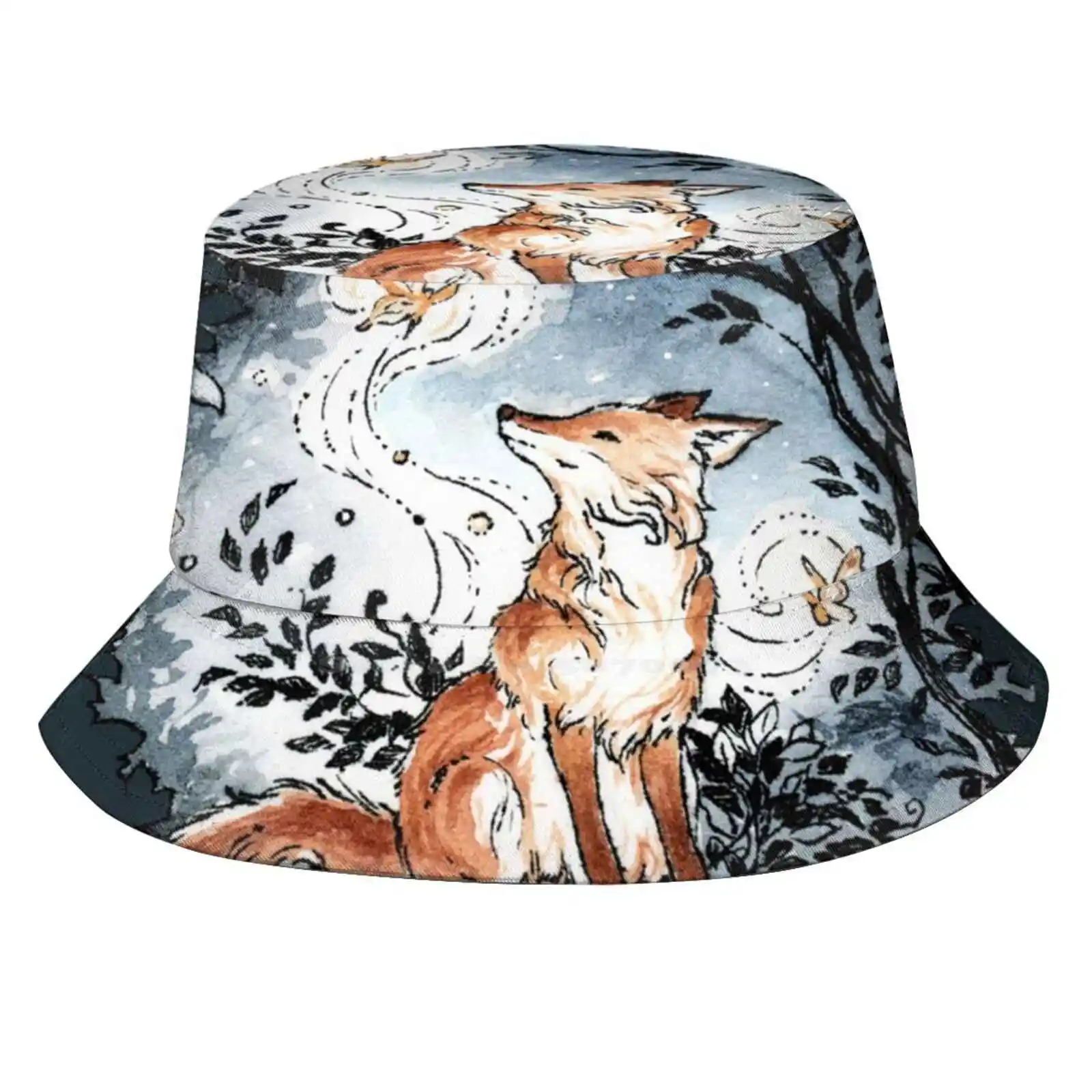

Forest Fox At Night With Moth Sun Cap Fisherman Hat Bucket Hats Fox Watercolor Moth Night Ink Drawing Woodland Forest Blue