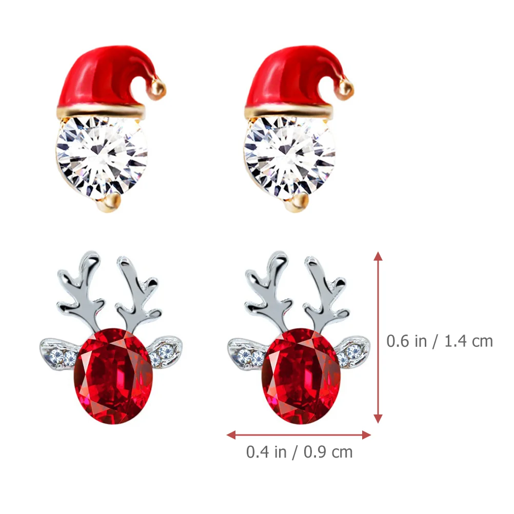 2 Pairs Christmas Earrings Women Stud for Gift Hat Jewelry Deer Antler Santa Hats