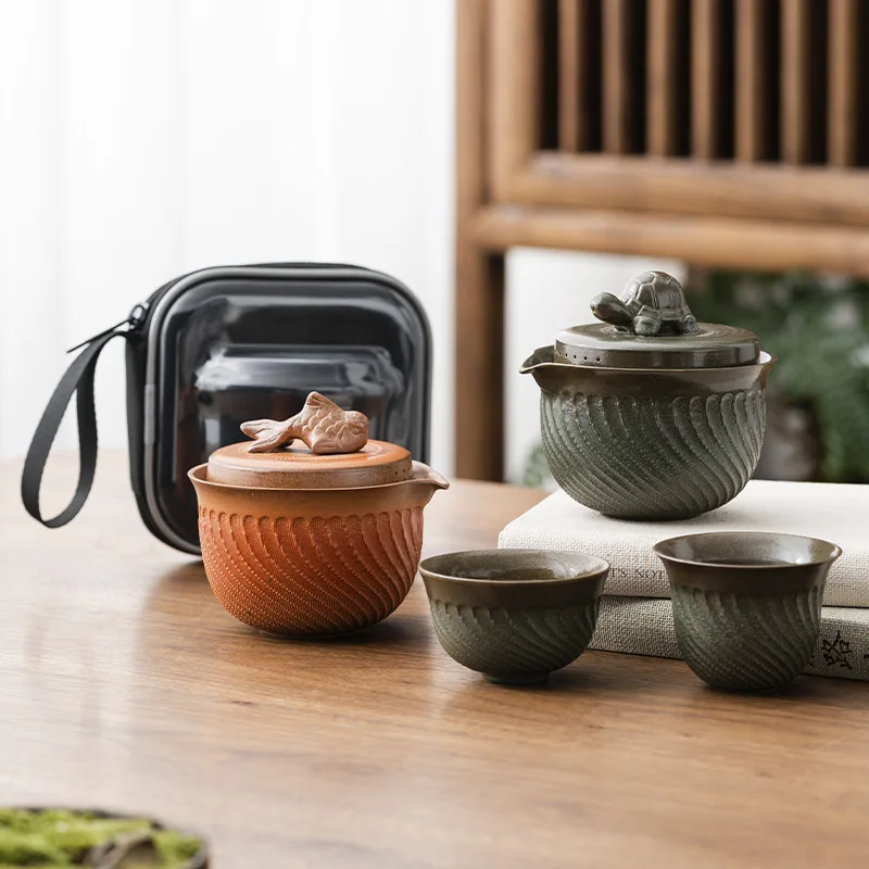 Retro Rough Pottery Tea Set 1 Teapot 2 Teacups 1bag Portable Travel Kung Fu Tea Set Ceramic and Pottery Teeware Teware Gaiwan