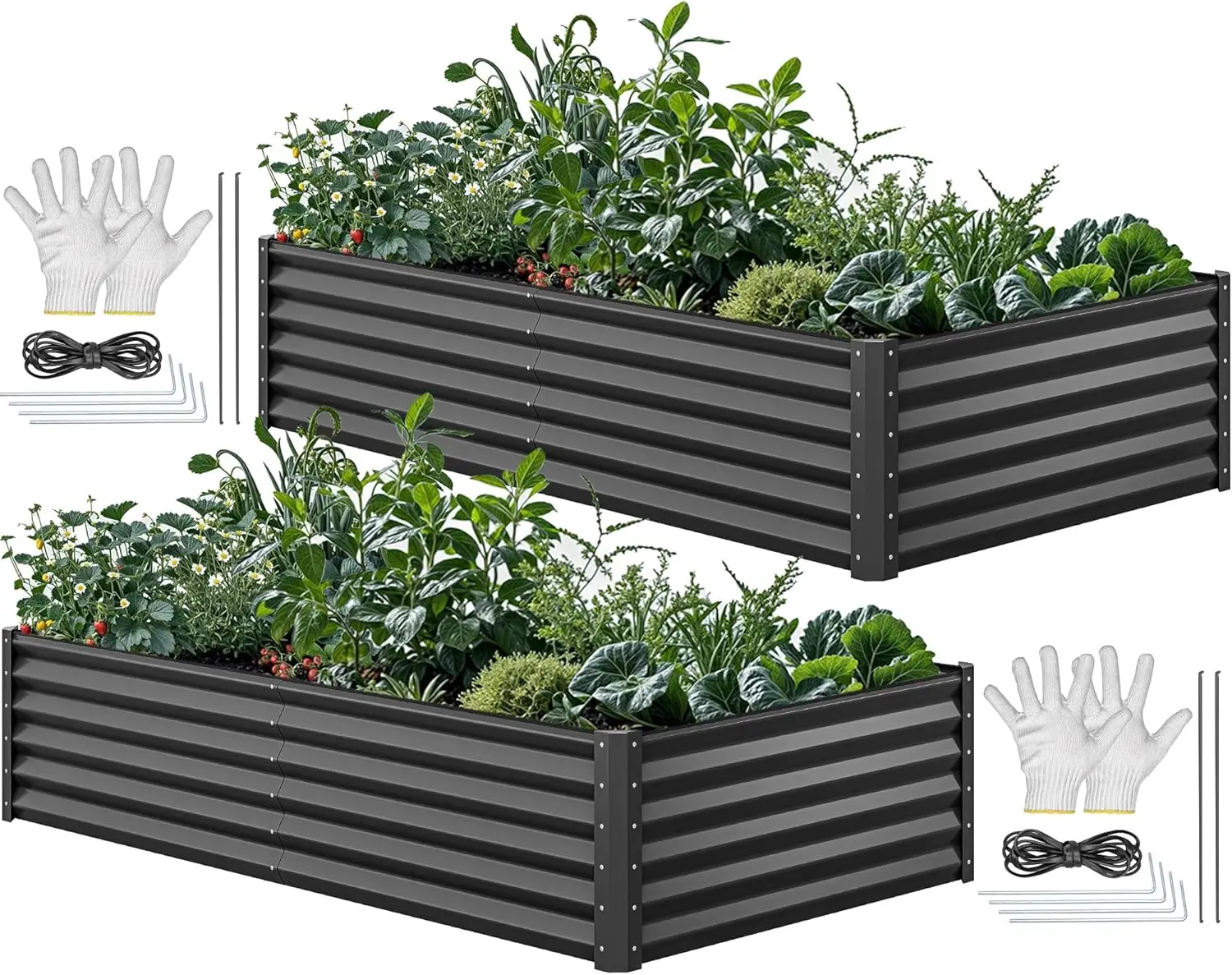 

2pcs 8x4x1.5ft Outdoor Raised Garden Bed Kit, Large Metal Patio Planter Box with Gloves, Support Rod, and Safe Edge Curl