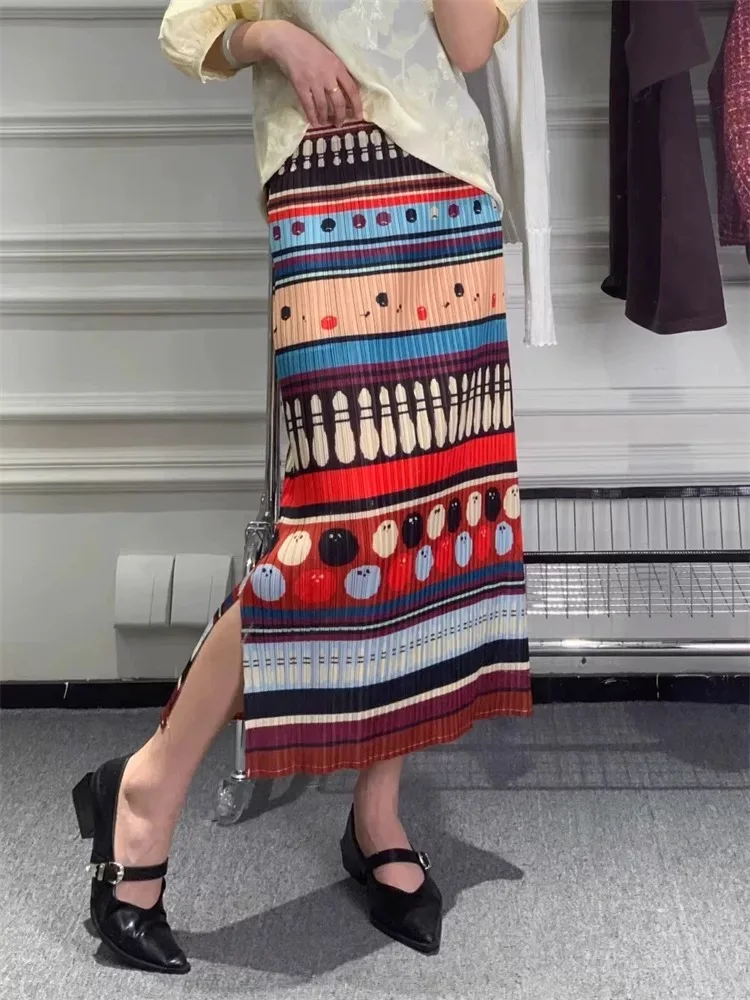 Ele – jupe mi-longue coupe droite, couleur rétro, Blo Tee-Island Sle, imprimé, matériau fin, taille moyenne