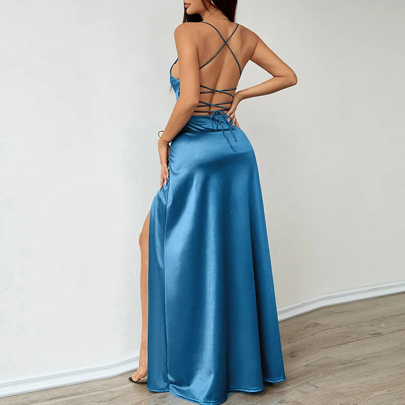Robe de Cocktail en Satin, taille haute, coupe cintrée, fendue, Sexy, col en V, bretelles, mode, couleur unie, robes longues pour femmes, 2026