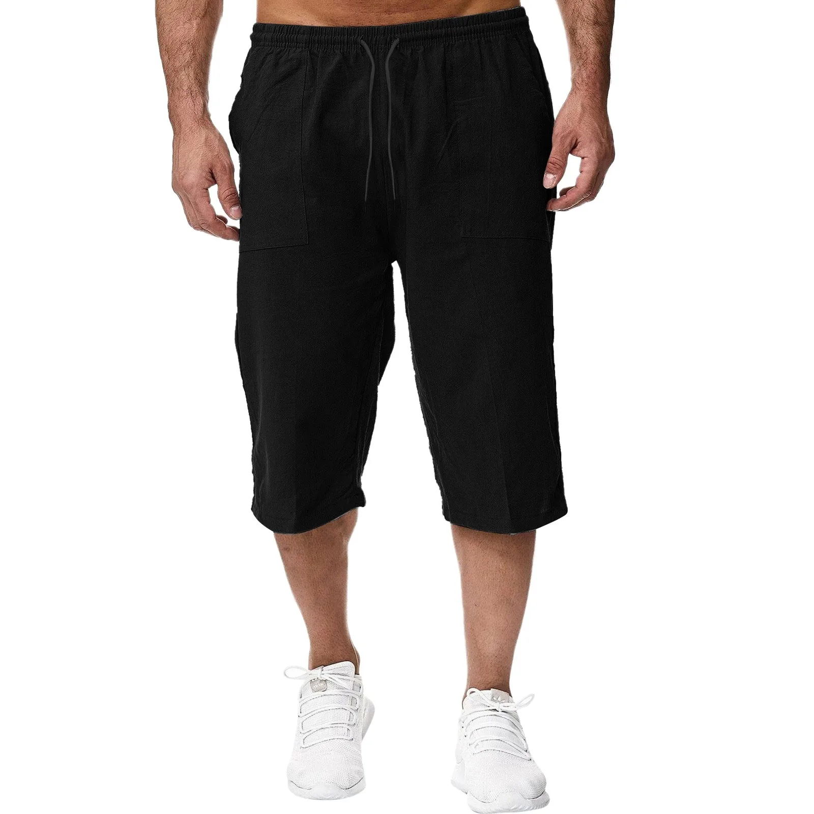 Men\'s Cotton Linen Cropped Pants Drawstring Pocket Sweatpants Sport Jogging Casual Long Pants Beach Breathable Capri Trousers