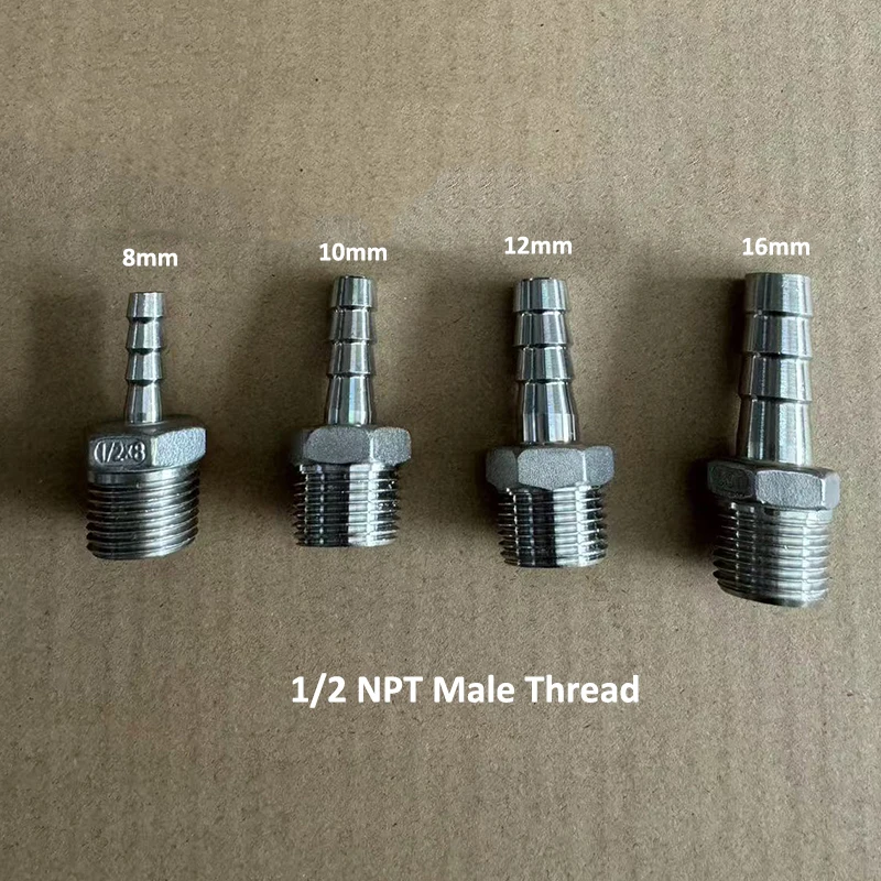 1/2'' NPT Hose Barb Connector 304 Stainless Steel Pipe Fitting Connector Homebrew Beer Pump Fittings 8mm 10mm 12mm 16mm