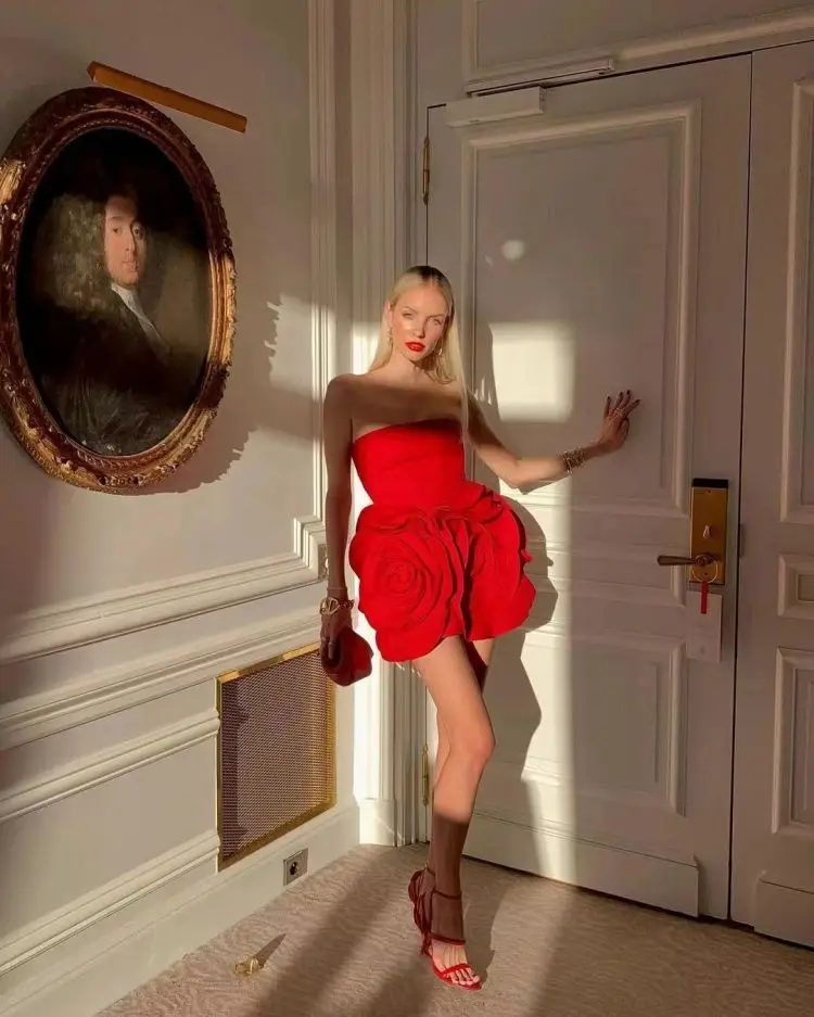 Robe de Bal Rouge pour Femme, Élégante, Sexy, Sans Bretelles, Grande Fleur 3D, Tenue de Soirée à la Mode, Été 2024
