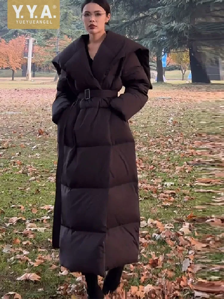 Inverno trabalho senhora do escritório estilo longo casaco grosso quente cintura larga pato para baixo jaqueta blusão com capuz casaco feminino outwear