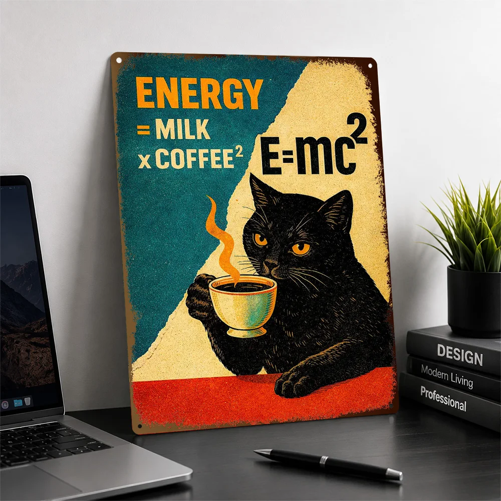 Black Cat With Coffee And Equation Printed Poster Personalized Aluminum Metal Sign Quirky Character Wall Art Fits Living Rooms