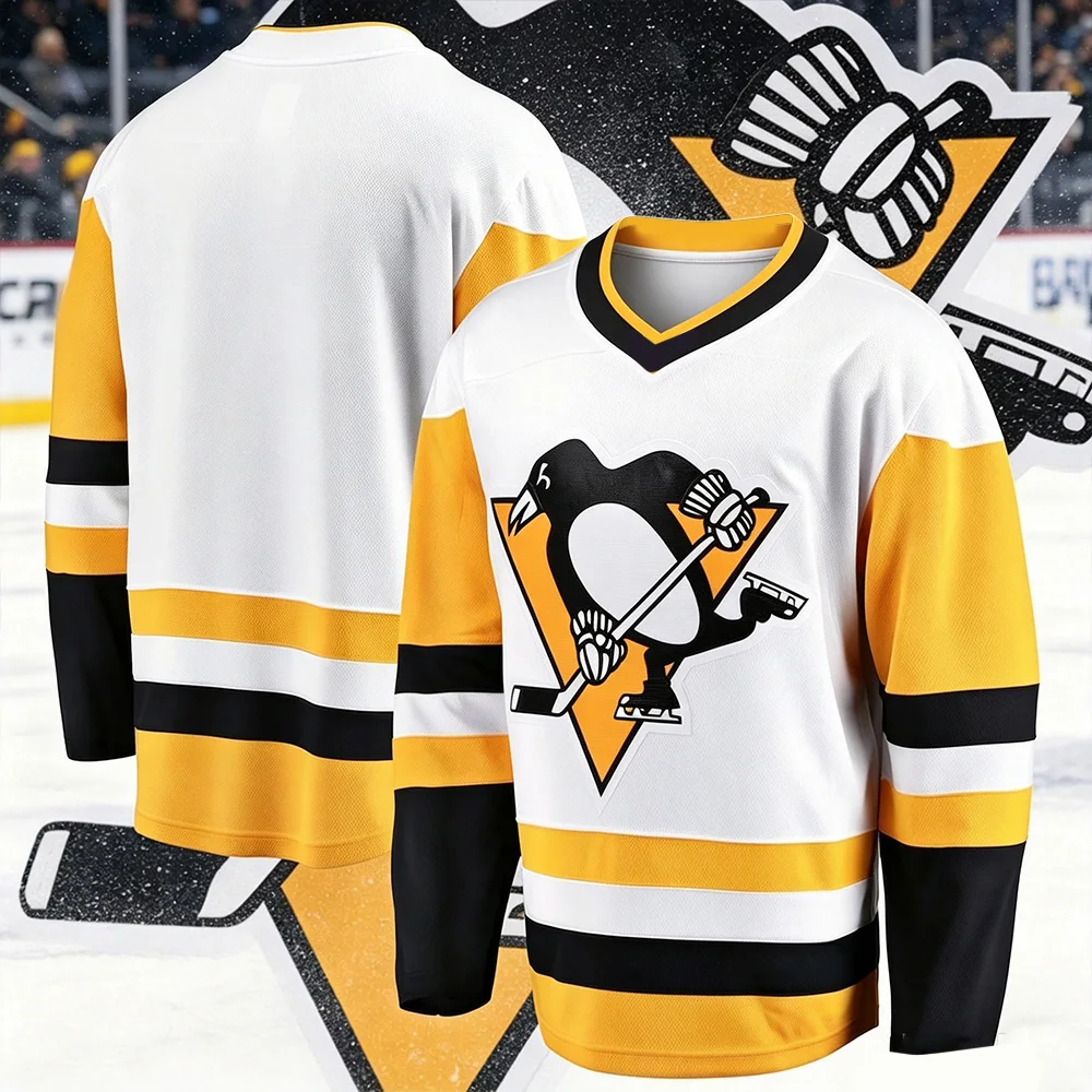 Penguins Team Men's Ice Hockey Training Suit 3D Printed Sports Breathable Quick-Drying Shirt Long Sleeve Unisex V-neck Uniform