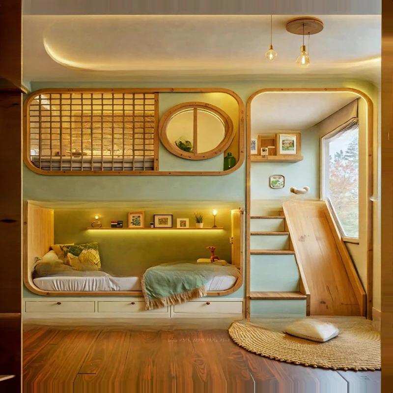 سرير أطفال من بيت شجرة الرياح، شقيق أطفال ذكر يلقي وخارج السرير مع سلم منزلق للتخزين من الخشب الصلب