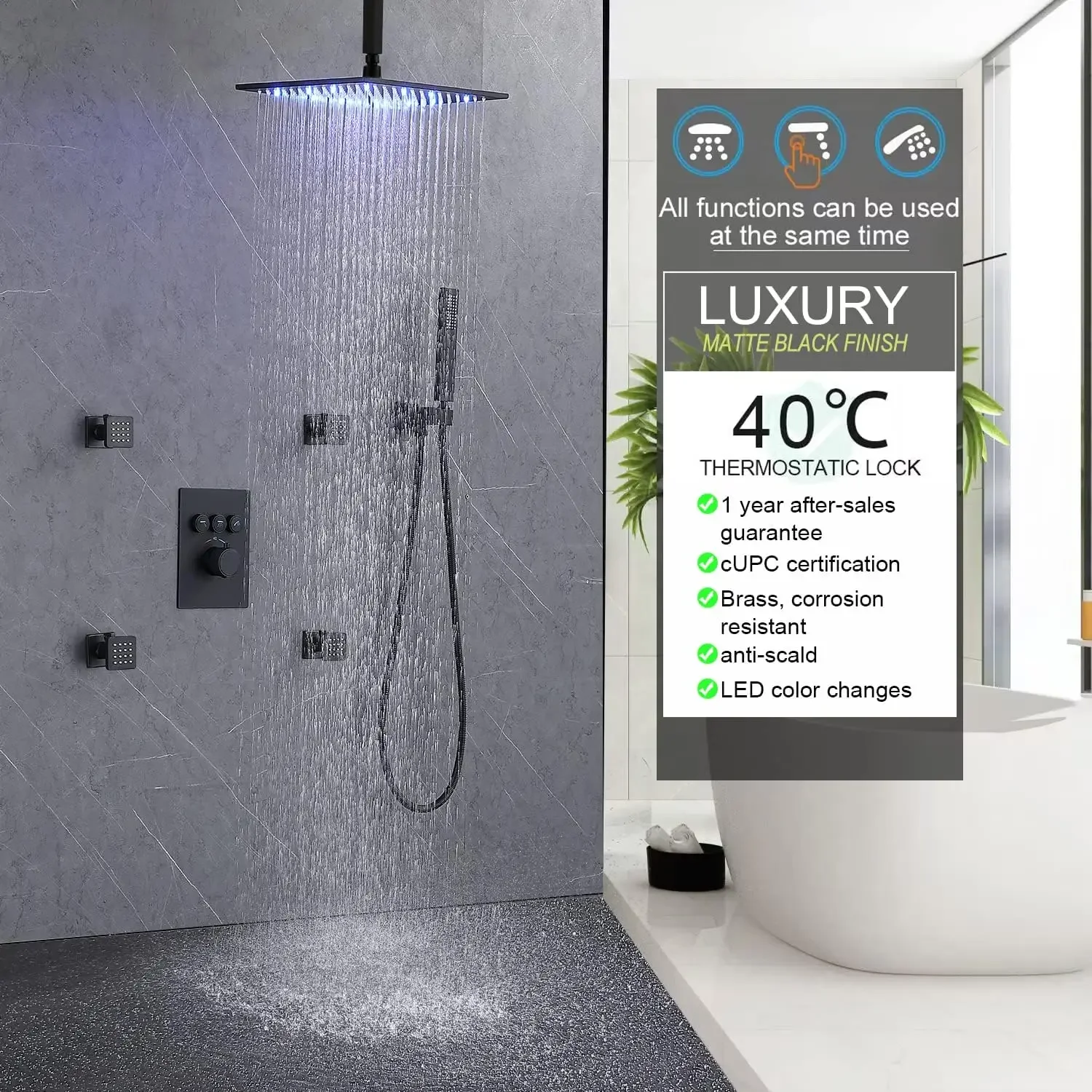 Matte Black Shower System Full Body Thermostatic Luxury Shower Faucet Ceiling Mount Led Rain Shower set