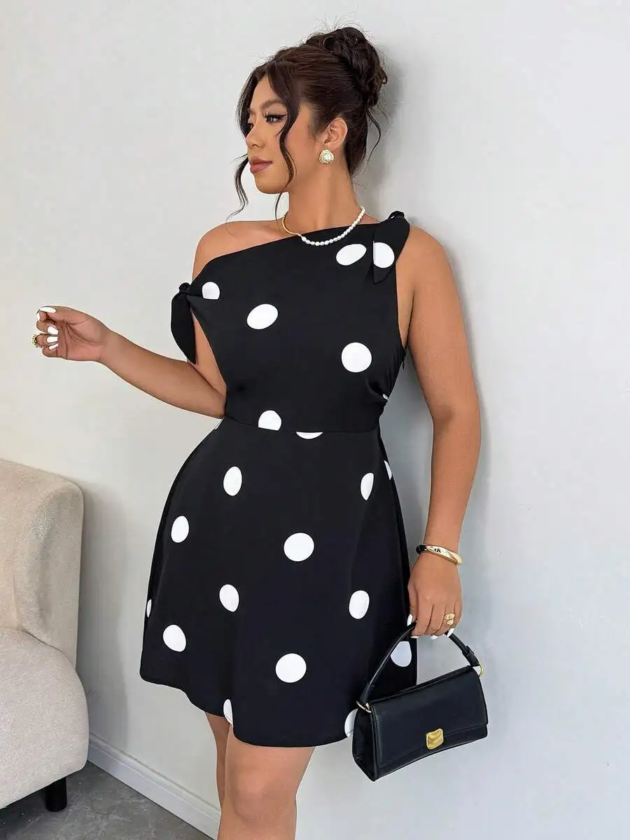 

Elegant Polka Dot One Shoulder Bowknot Waist Cinched Asymmetric A-Line Dress