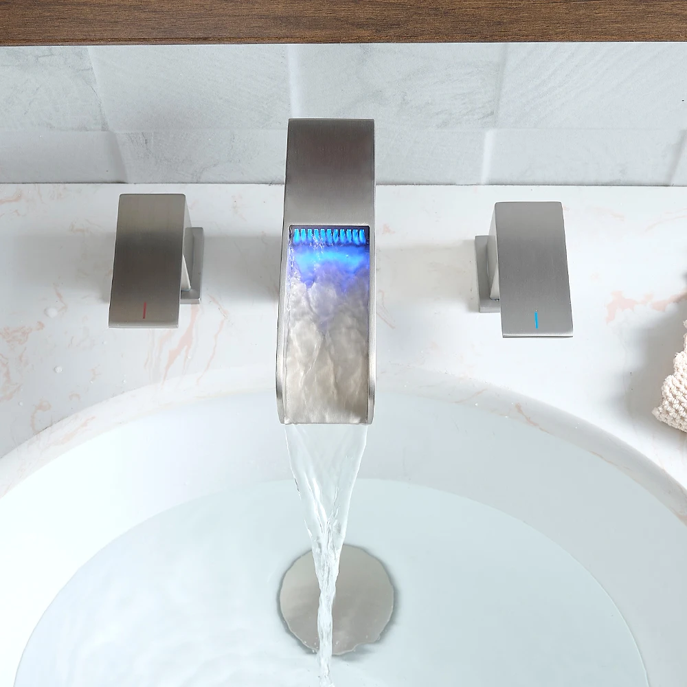 

LED Basin Faucets stainless steel waterfall Deck Mounted Square Bathroom Sink Faucets 3 Hole Double Handle Hot A Cold Water Tap