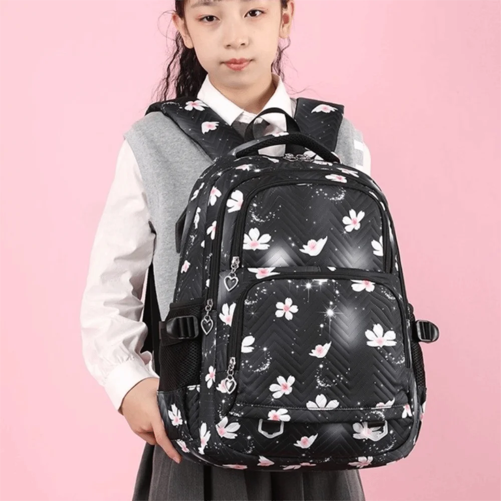 ファッションフラワープリント子供用バックパック-ナイロン製韓国風ショルダーバッグ-原宿風大容量学生用スクールバッグ-キッズ用
